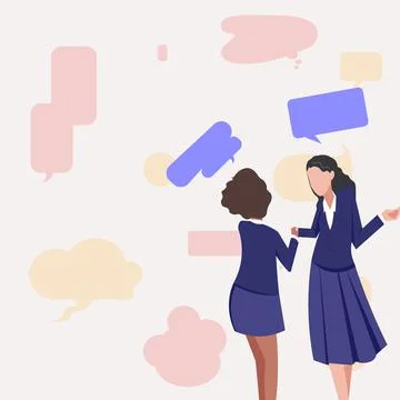 Two Colleagues Standing Sharing Thoughts Together With Speech Bubbles. Teammates Stock Illustration