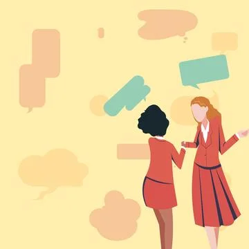 Two Colleagues Standing Sharing Thoughts Together With Speech Bubbles. Teammates Stock Illustration