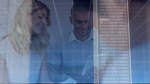 Two colleagues tapping tablet, causing tall server rising and cloud growing, Stock Footage 334788936