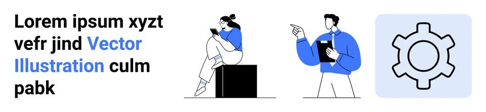 Two colleagues using digital devices, one sitting on a box with a tablet, ano Stock Illustration