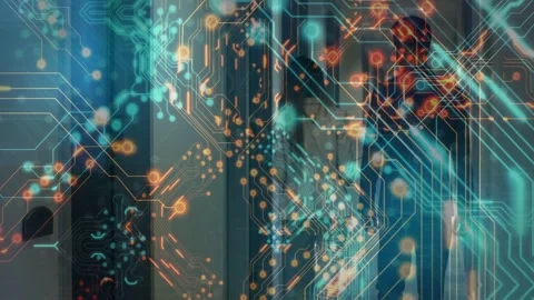 Two colleagues walking corridor tracking, technology overlay linking figures, Stock Footage 332577742