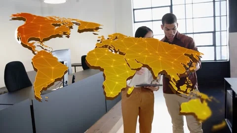 Two colleagues walking in tech office, turning tablet and sharing data, world Stock Footage 334743775