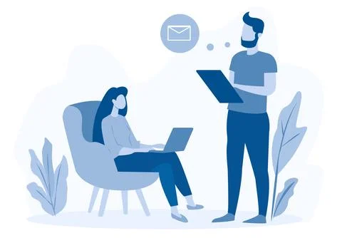 Two colleagues working on laptops and tablets. Minimalist style on a white Stock Illustration