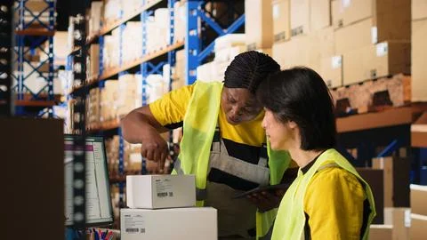 Two colleagues working on order processing in industrial warehouse space Foto stock