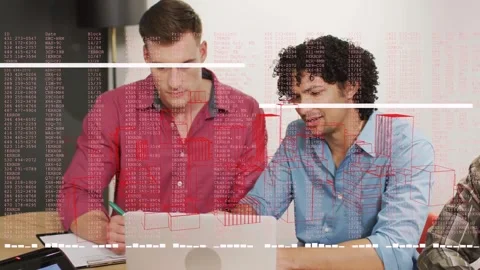Two colleagues writing and explaining while laptop receiving data, tech overlay Stock Footage 331272915