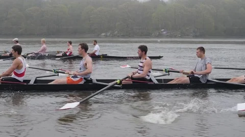 Two collegiate crew boats racing upriver Vidéo gratuite 80637809