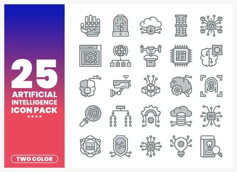 Two-color icons representing artificial intelligence and technology. displa.. Stock Illustration