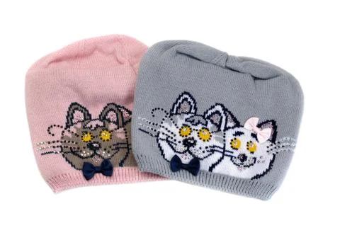 Two color knit cap with a pattern of a cat. Stock Photos
