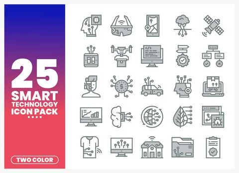 Two-color smart technology icons for digital platforms. Set includes AI. dr.. Stock Illustration