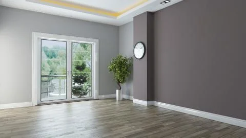 Two color wall empty room interior design with wooden floor and watch, plant Stock Photos