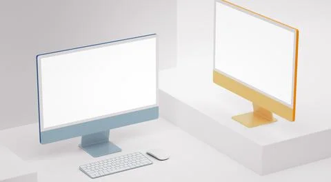 Two colored computer monitors on white with mockup blank screen for app, ui u Illustrazione stock