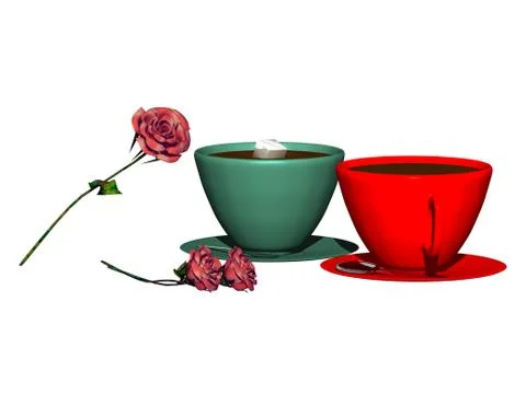 Two colored cups with coffee and rose Illustration