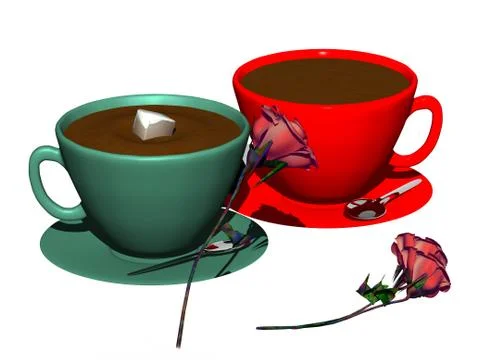 Two colored cups with coffee and rose Stock Illustration