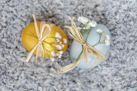 Two colored Easter eggs, festive decoration. High resolution photo Stock Photos