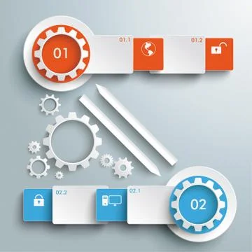 Two colored gears banners batched rectangles bevel arrows piad Stock Illustration