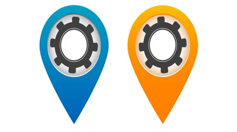 Two colored map pointers with rotating gears inside Stock Footage 40684323