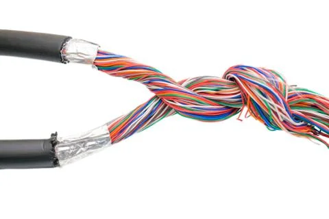 Two colored multi-core telephone cables intertwined. Mains internet connectio Stock Photos