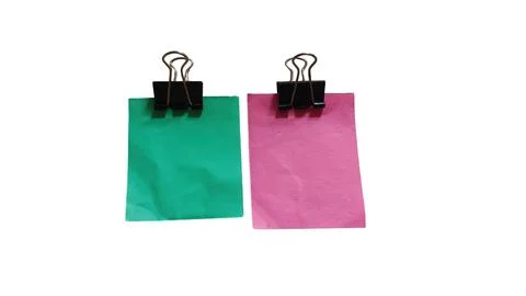 Two colored paper clips attached to green and pink notes Stock Illustration