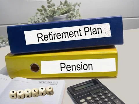 Two colored ring binders with the words Pension, Retirement and health and .. Stock Photos