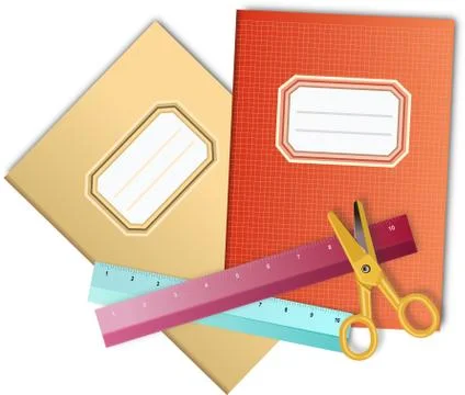 Two colored school notebooks with scissors and rulers Illustrazione stock