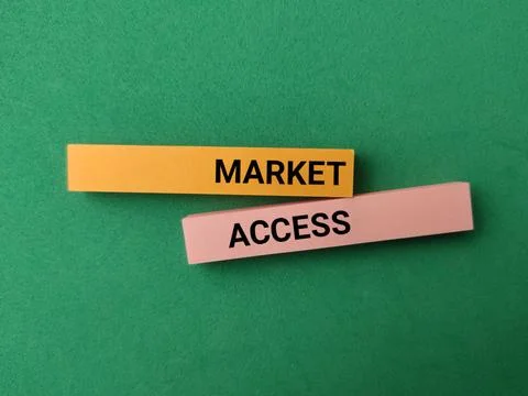 Two colored strips displaying the words MARKET and ACCESS overlap against a.. Foto stock