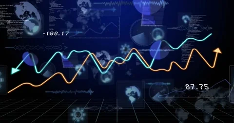 Two colored trend lines moving across black grid on data update, showing Stock Footage 331197785