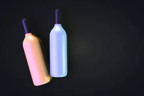 Two colored wine bottles lie on a black table. View from above. Copy space. Ilustração Stock