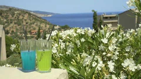 Two colorful drinks with straws on a ledge overlooking the sea and flowers Stock Footage 328676333