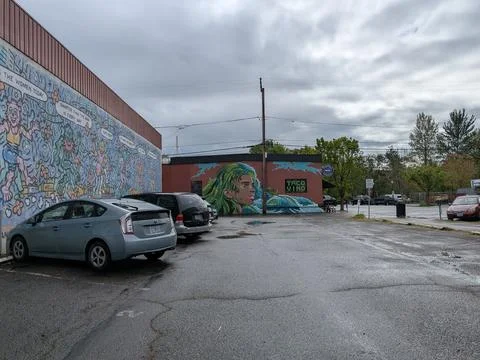 Two colorful murals featuring dancing bears with musical themes Stock Photos