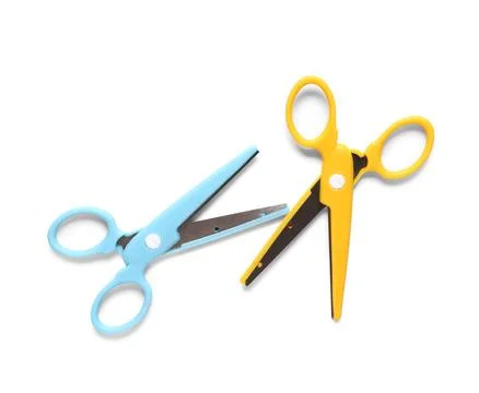 Two colorful plastic handle scissors for crafting and office supplies, isolat Photos