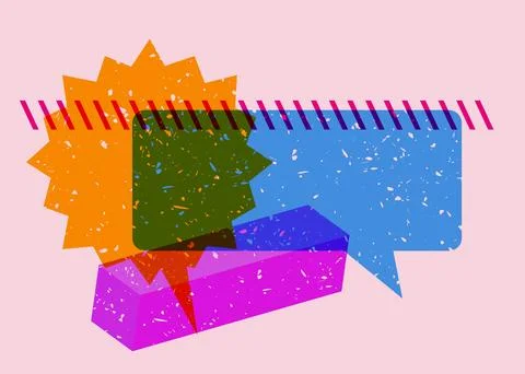 Two colorful risograph speech bubble, geometric shapes. Message sign in tre.. Stock Illustration