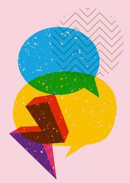 Two colorful risograph speech bubble, geometric shapes. Message sign in tre.. Stock Illustration