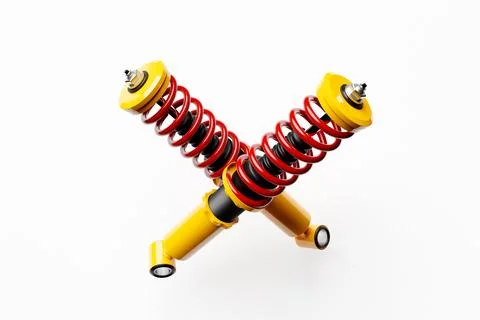 Two colorful shock absorber car on white background. 3d illustration. Suspens Stock Illustration