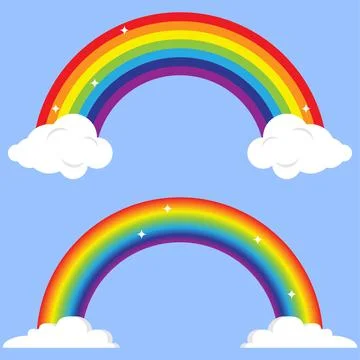 Two colorful vector rainbows with white clouds and sparkles isolated Stock Illustration