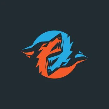 Two colorful wolf heads that complement each other. Vector symbol. Stock Illustration