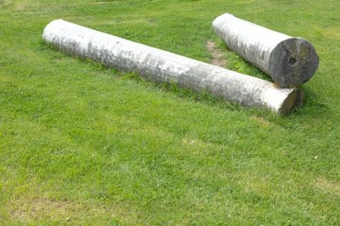 Two column of a historical building lying on the grass Stock Photos