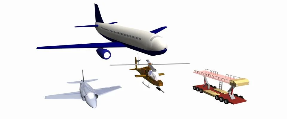 Two combat aircraft, one combat helicopter, mechanical trail. low-poly 3D model Stock Illustration