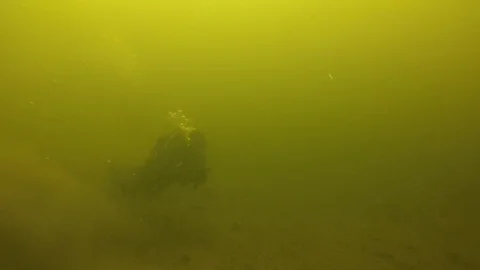 Two combat swimmers training underwater in green waters with rifles in hands Stock Footage 121870423