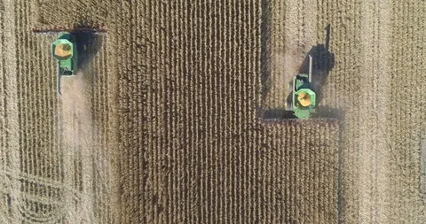 Two combine harvesters pass by each other aerial vertical shot from above Vídeo Stock 93823516