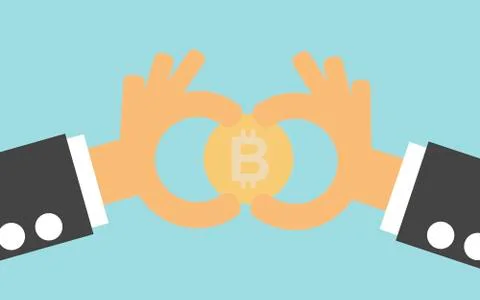 Two comic business hands holding golden Bitcoin Stock Illustration