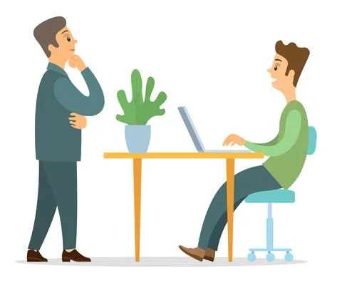 Two communicating colleagues in office sitting at table with laptop and standing 스톡 일러스트