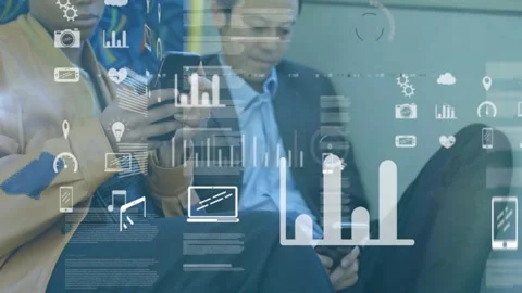 Two commuters tapping phones, overlays appearing shifting and settling into Stock Footage 331735865