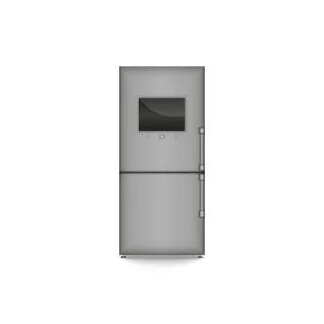 Two-compartment closed refrigerator in metallic color with a large monitor co Stock Illustration