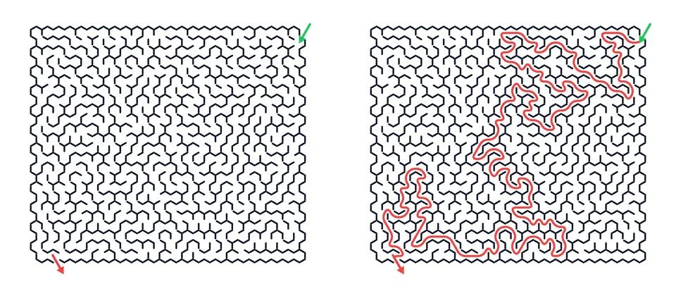 Two complex hexagonal mazes with a solution path indicated by a red line. Log Stock Illustration