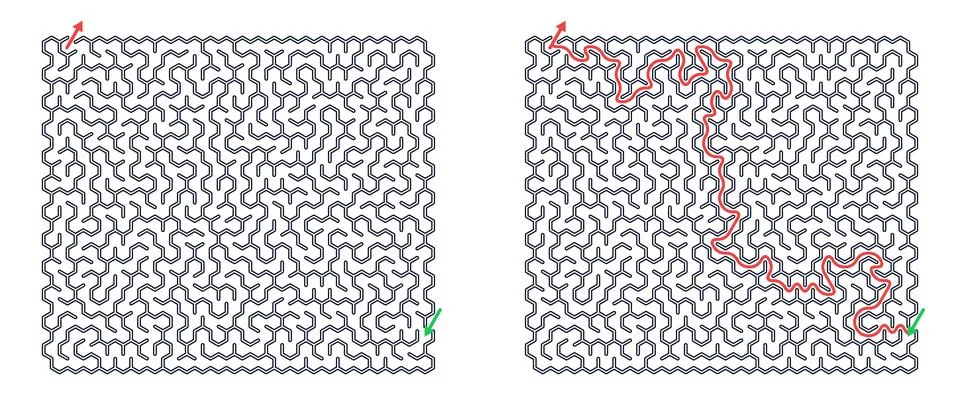 Two complex hexagonal mazes with a solution path indicated by a red line. Log Stock Illustration
