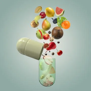 Two-component hard starch capsule and various fruits and vegetables Stock Illustration