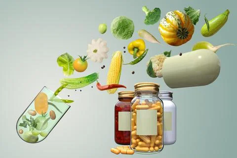 Two-component hard starch capsule and various  vegetables Stock Photos