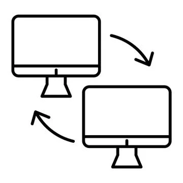 Two computer with arrows thin line icon. Computer exchange vector illustration Illustrazione stock