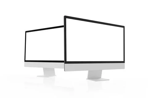 Two computer display mockups isolated. Perspective side view Stock Photos