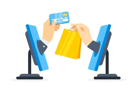 Two computer monitors exchanging a credit card and a shopping bag, depicting an Illustrazione stock